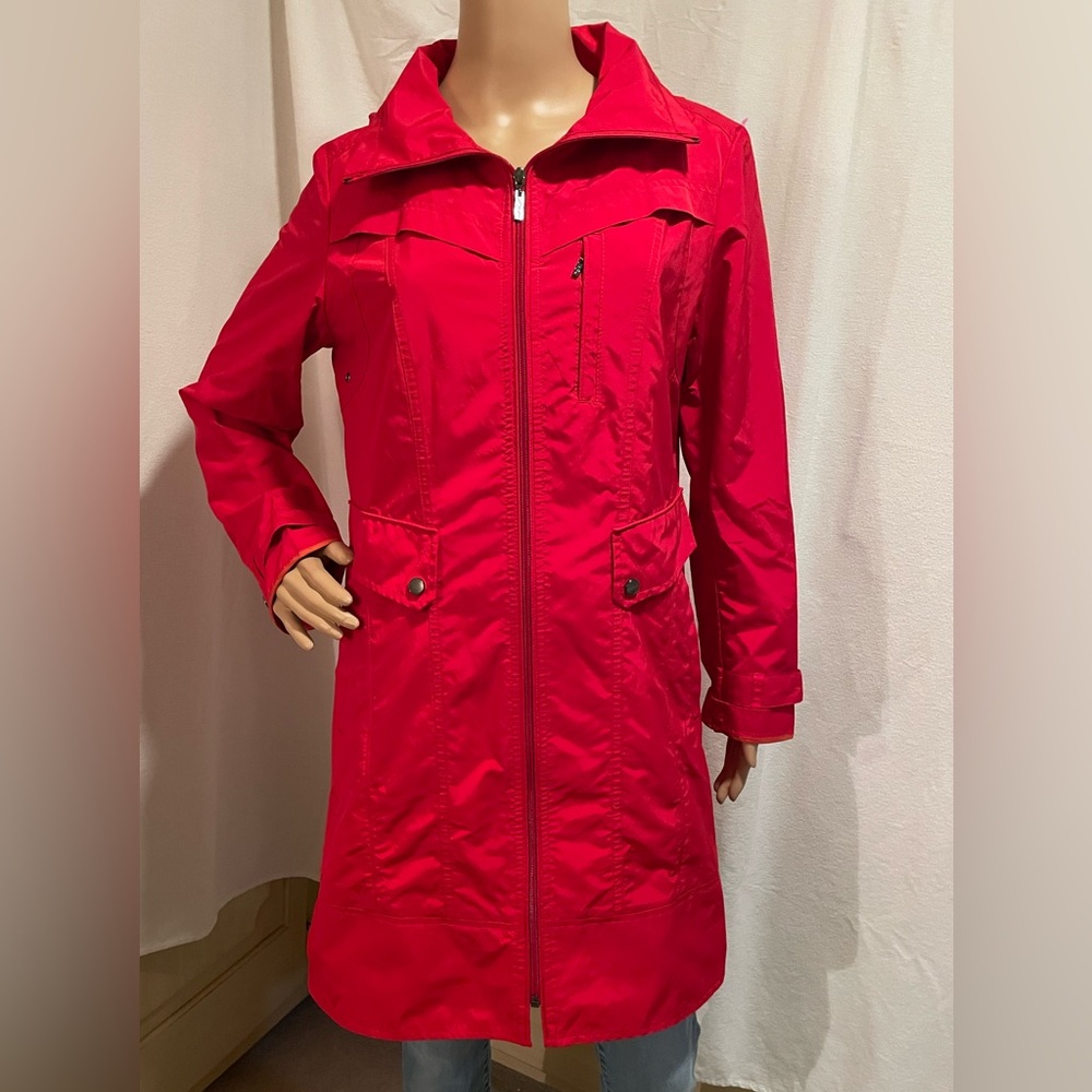 Cole Haan Vibrant Red Hooded Zip-Front Trench Coat
